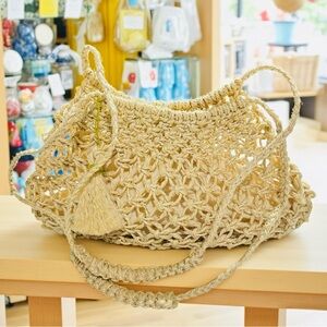 Boho Handmade Jute Crochet Shoulder Bag with Tassel – Natural Woven Tote